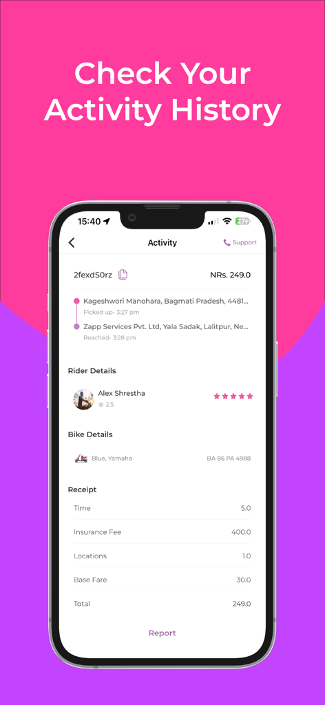 Tootle by Zapp ride history screen displaying a trip receipt with pickup locations and driver details