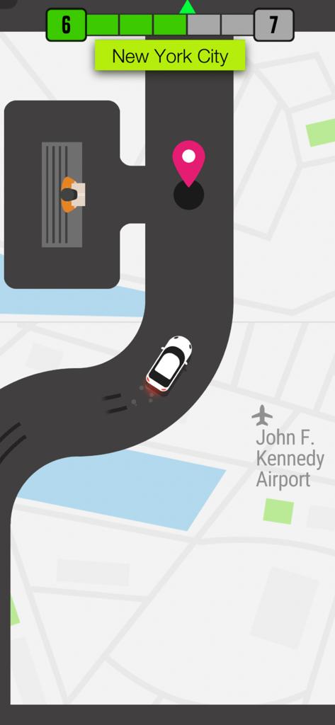 Pick Me Up™ - Vista di gioco dall'alto del gioco Pick Me Up che mostra un'auto bianca che naviga per le strade di New York City vicino all'aeroporto JFK per raccogliere un passeggero
