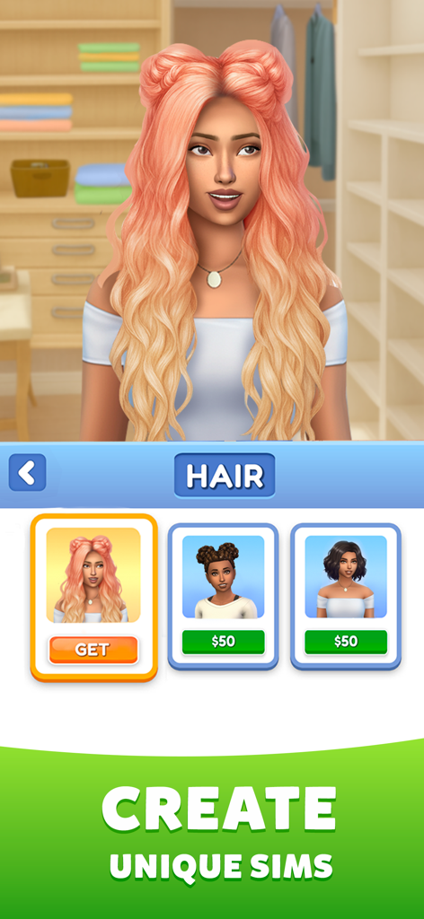 Una pantalla de personalización de personajes en Life Sim 3D mostrando varias opciones de peinado para un avatar femenino.