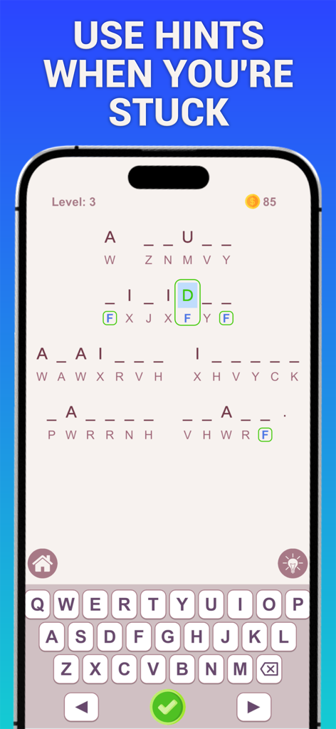 Cryptogram Word Puzzles - Gameplay screen showing a cryptogram puzzle with the use hints when you are stuck feature