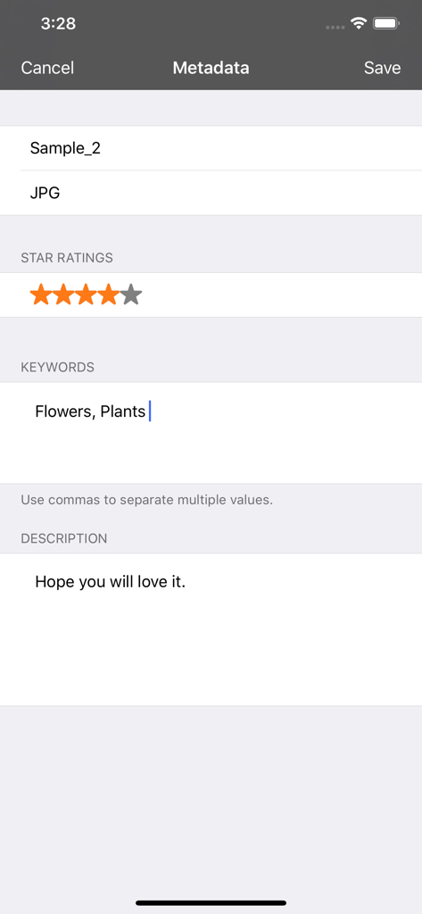 Editing metadata with star ratings and keywords in Photo Manager Pro app