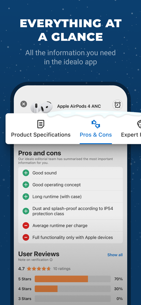 idealo - Price Comparison - Captura de pantalla de la app idealo que muestra las ventajas y desventajas del producto y las reseñas de usuarios de Apple AirPods