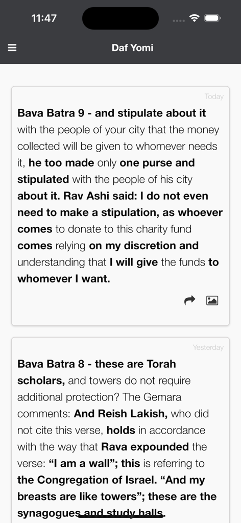 Talmud Now - Ein Bildschirm der Talmud Now-App, der Daf Yomi-Tagesstudienpassagen in englischer Sprache anzeigt