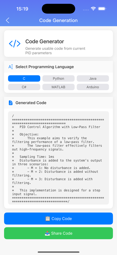 PID Controller Simulation - A mobile interface for the PID Controller Simulation app showing the code generator feature with options to select programming languages like C and Python