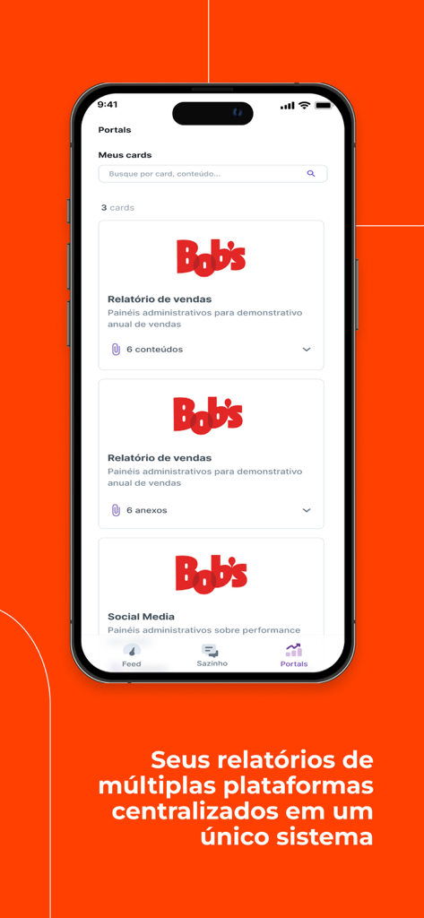Mundo Bob's - Interfaz de aplicación móvil de Mundo Bob's mostrando tarjetas de informes de ventas y rendimiento centralizadas en un panel.
