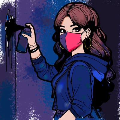 realistic girl with mask spray painting a wall