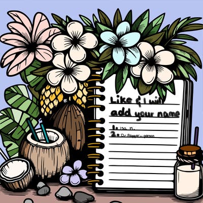 notebook with flowers, palm trees, and coconuts