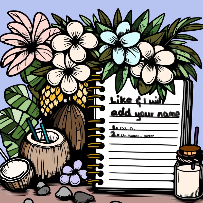 notebook with flowers, palm trees, and coconuts