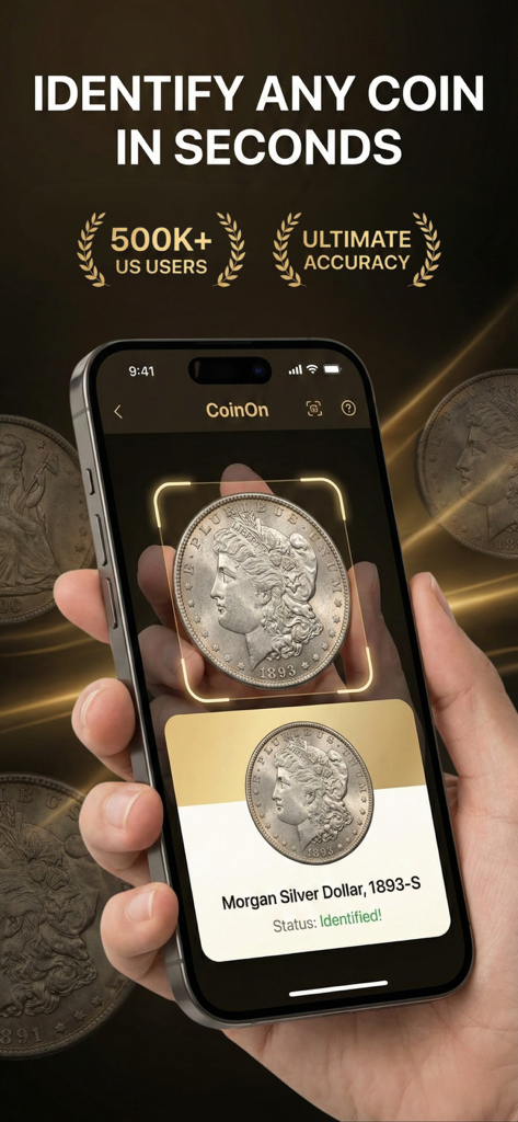 CoinOn - coin value identifier - AI 기술을 사용하여 희귀 모건 실버 달러를 식별하는 CoinOn 앱을 사용하는 스마트폰
