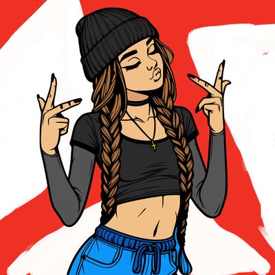 realistic teenage girl with braids and a beanie and crop top doing 🫶🏼