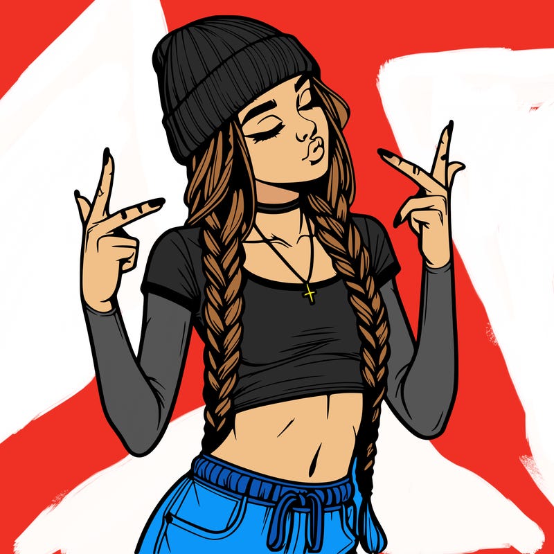 realistic teenage girl with braids and a beanie and crop top doing 🫶🏼
