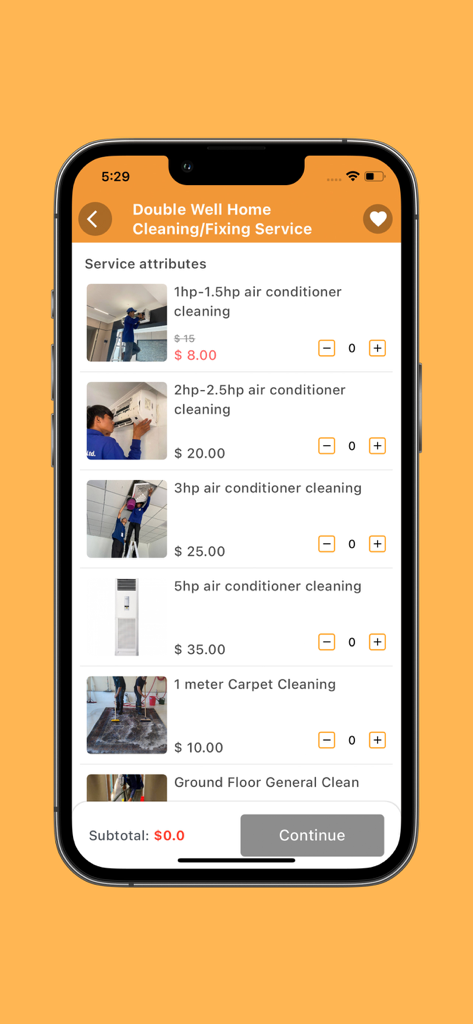 Orkun App - Home Services - Booking screen of Orkun App showing cleaning and air conditioning service options with prices.