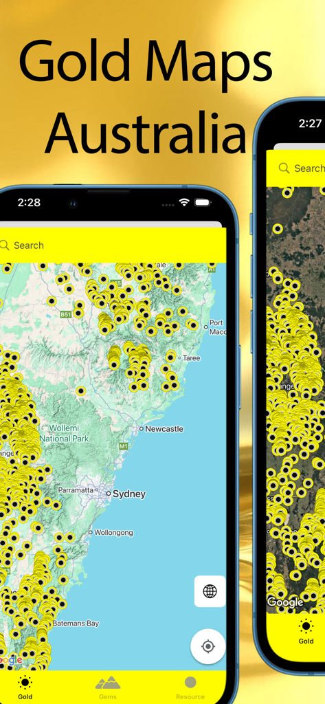 Mobile app interface of Gold Maps Australia showing numerous yellow markers indicating gold deposits on a map of the Australian coastline