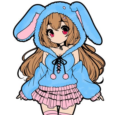 pretty anime girl wearing a fluffy hoodie with bunny ears on the hood and a skirt