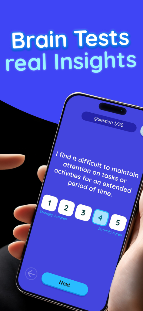 Focus - Brain Training Games - A mobile phone screen showing a cognitive assessment questionnaire for attention and focus within the Focus brain training app.