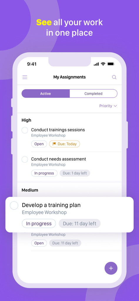 Interface de l'application Birdview montrant une liste d'affectations de projets organisées par priorité haute et moyenne.