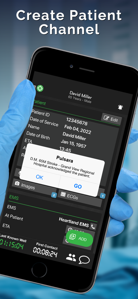 Pulsara: Medical Communication - A medical professional holding a smartphone displaying the Pulsara app interface for creating a patient channel with stroke alert details.