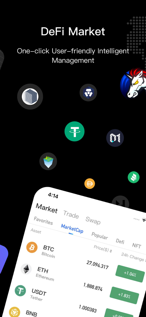 HPX 앱 인터페이스, DeFi 시장 및 비트코인, 이더리움에 대한 실시간 암호화폐 가격 목록 표시