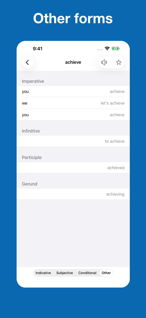 English Verb Conjugation - Interface do aplicativo de Conjugação de Verbos em Inglês exibindo as formas imperativo, infinitivo, particípio e gerúndio do verbo 'achieve'