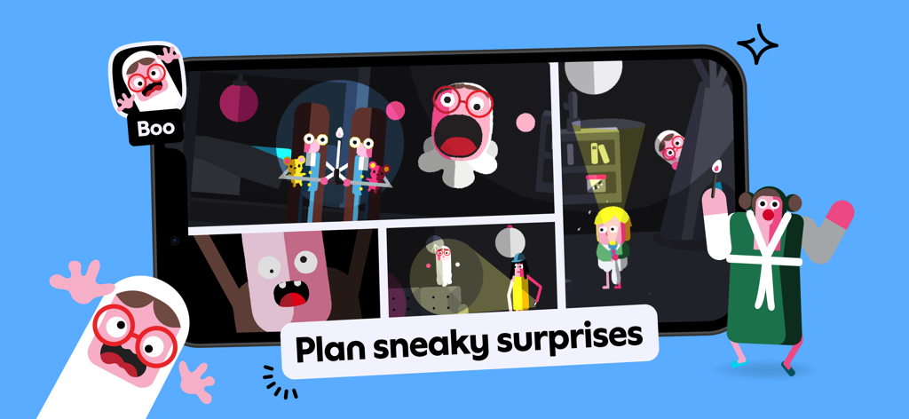 Screenshot of Toca Boo game within the Toca Boca Jr app showing characters planning sneaky surprises
