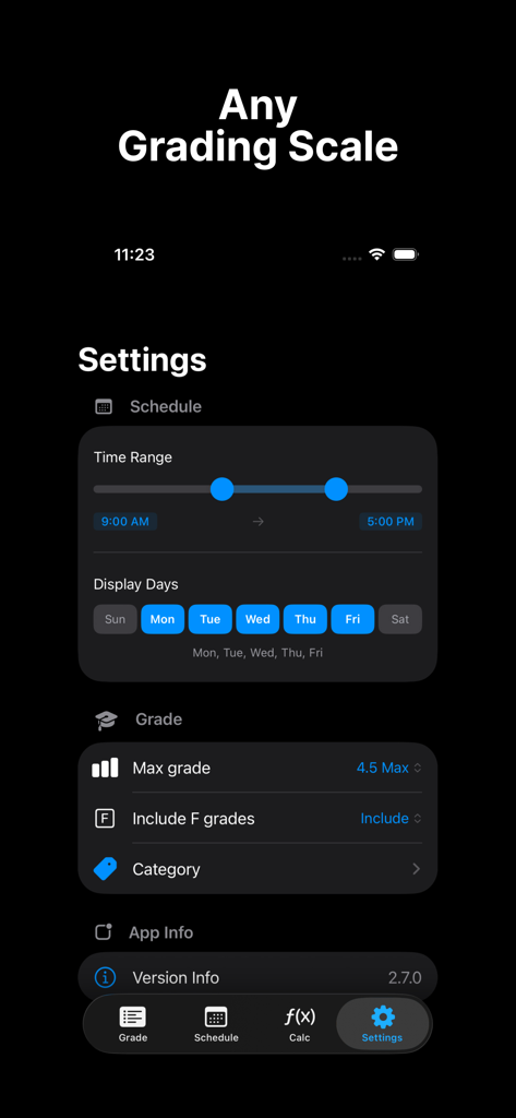 A Plus - GPA & Grade Tracker - Settings screen of the A Plus app showing options for grading scales and schedule time ranges