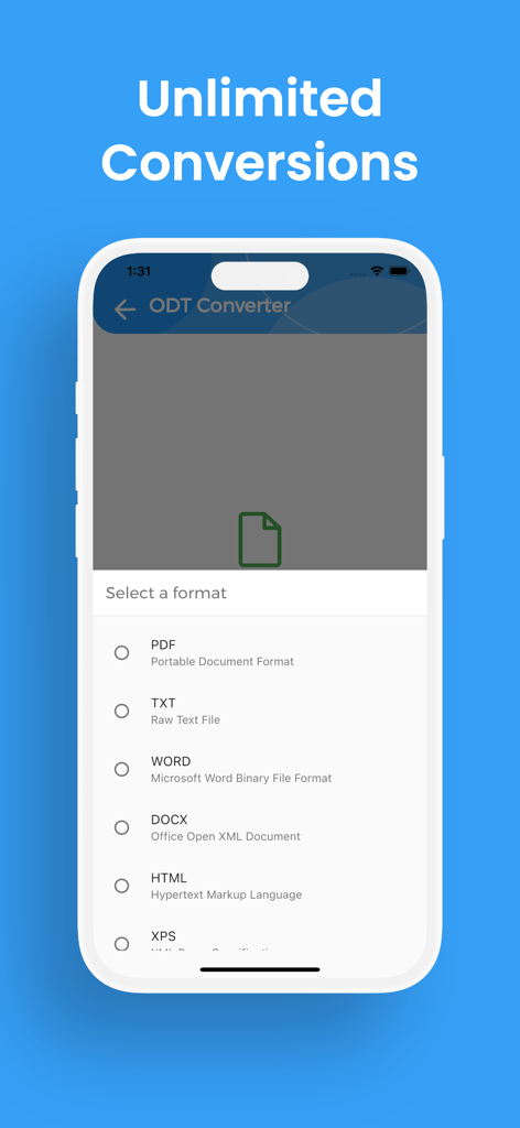 ODT Converter, ODT to WORD - Captura de tela do iPhone da interface do aplicativo Conversor ODT mostrando o menu de seleção de formato de arquivo para conversão.