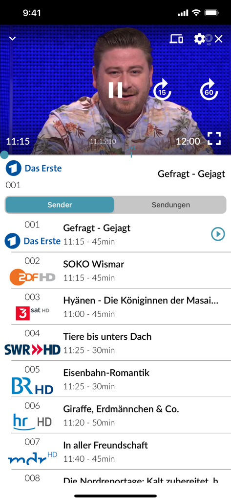 Eltrona TV+ - Vista móvil de la aplicación Eltrona TV+ con una transmisión en vivo y una lista desplazable de canales de TV alemanes