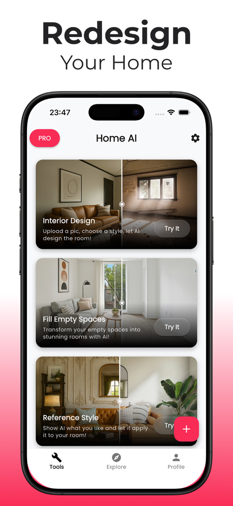 Interfaz de la aplicación Home AI que muestra funciones para diseño de interiores y escenificación virtual