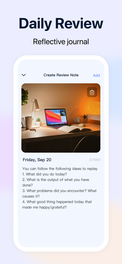 GoalMap: Goal Planner & To-Do - GoalMap app Daily Review interface showing reflective journal prompts and a workspace photo upload.