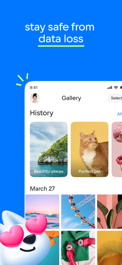Cloud app interface displaying a photo gallery with a message about preventing data loss