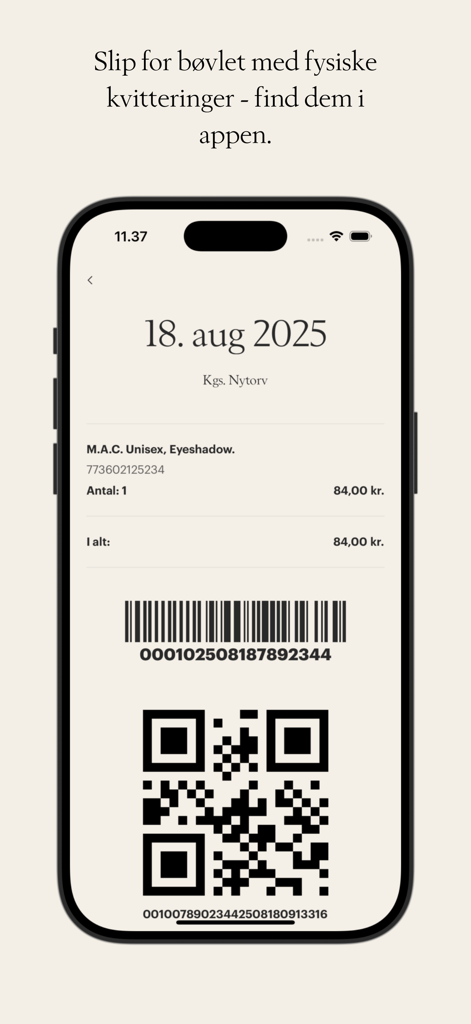 Smartphone screen showing a digital receipt in the Magasin Goodie app for a beauty product purchase with barcode and QR code