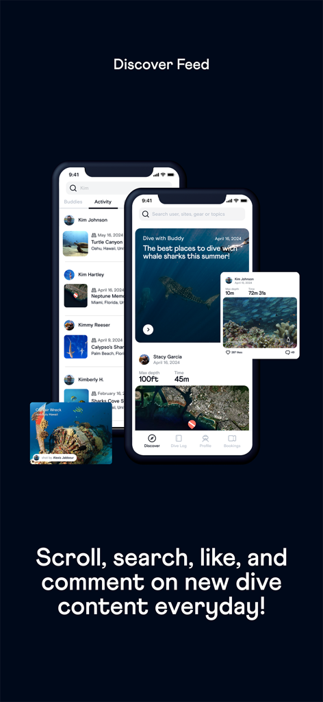 Discover Feed in the Buddy Social Dive App showing community dive logs and underwater photos