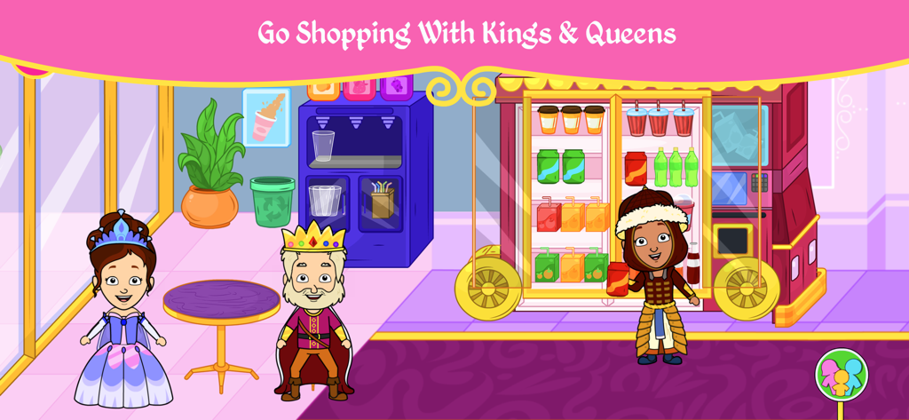 A cartoon scene from the Tizi Magic Princess app showing a king and princess in a shopping area with a vending machine and a shopkeeper.