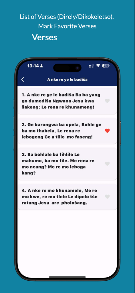 Difela Tša Luthere SA - Smartphone screen displaying a list of Sepedi Lutheran hymn verses with a favorite heart icon