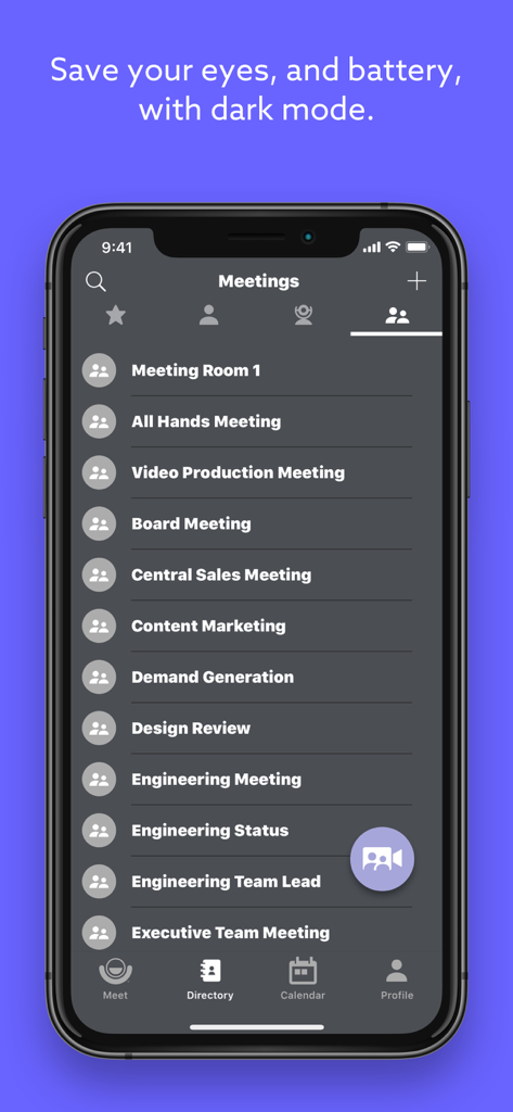 Lifesize mobile app interface showing the meetings directory in dark mode.