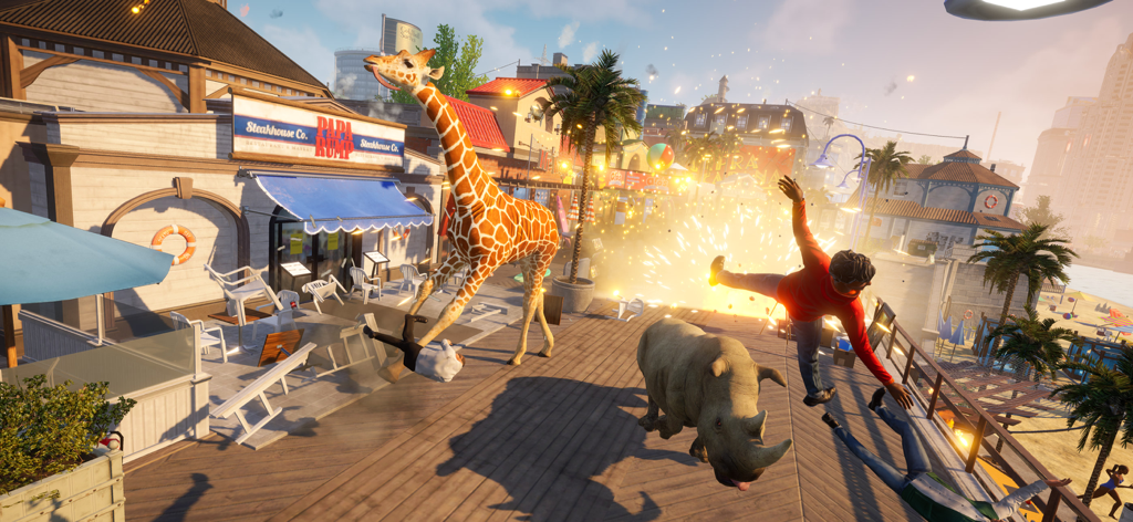 Goat Simulator 3 - A giraffe and rhinoceros causing chaotic explosions on a sunny boardwalk in Goat Simulator 3