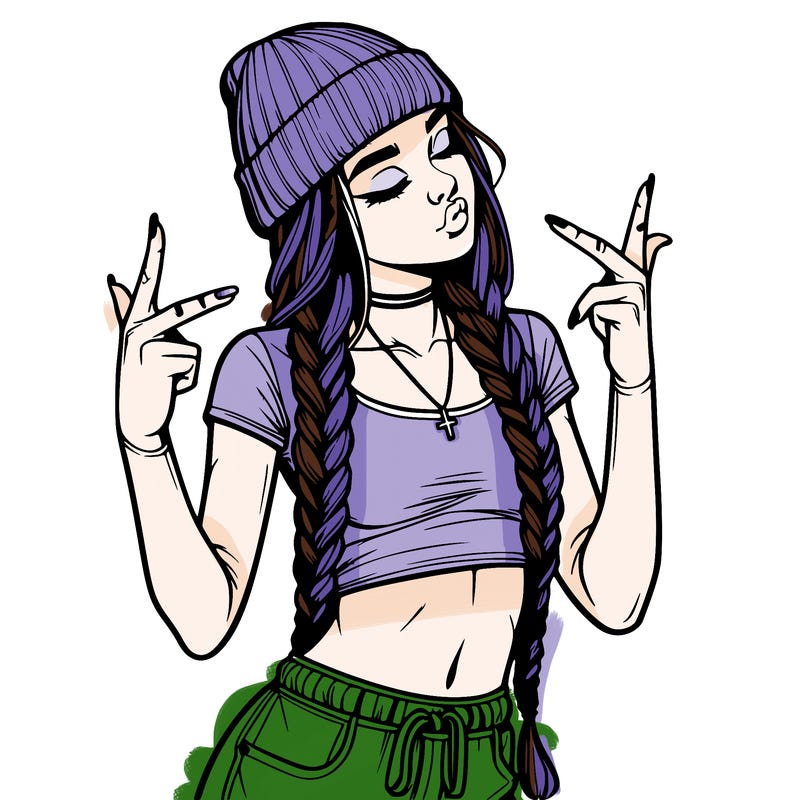 realistic teenage girl with braids and a beanie and crop top doing 🫶🏼