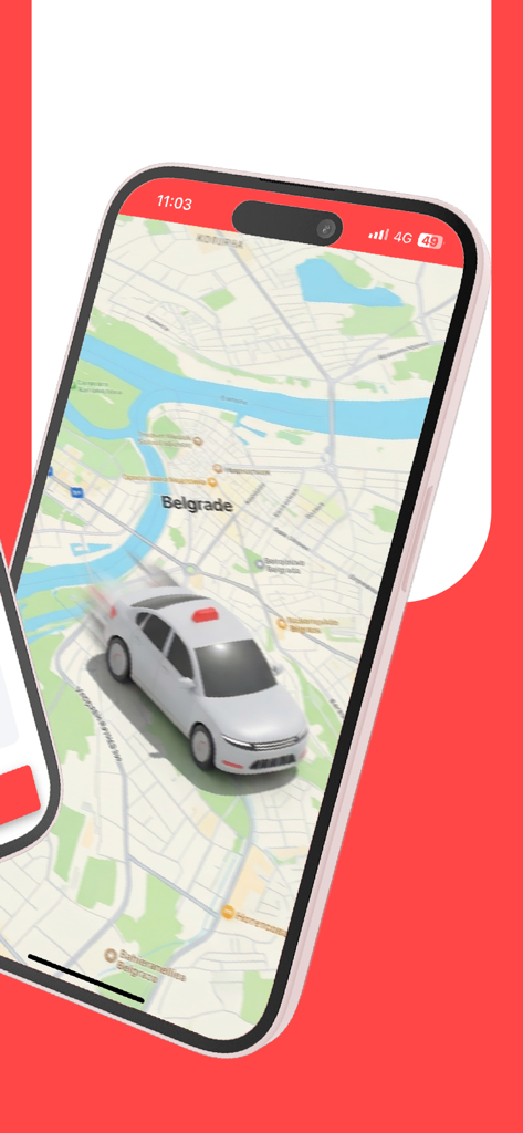 Rapid: Order a Ride - Una pantalla de iPhone que muestra la interfaz de la aplicación Rapid con un mapa de Belgrado y un icono de seguimiento de coche blanco.