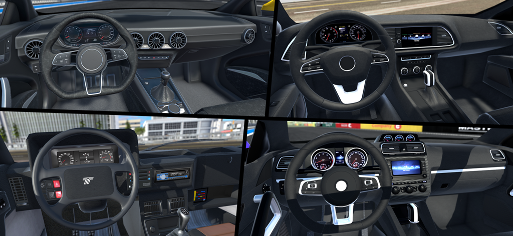 Cuatro vistas diferentes del salpicadero y volante de coches realistas en Car Parking 3D Multiplayer