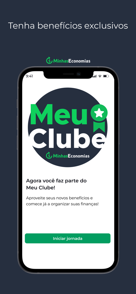 Tela de boas-vindas para o clube de recompensas Minhas Economias com benefícios exclusivos para organização financeira.