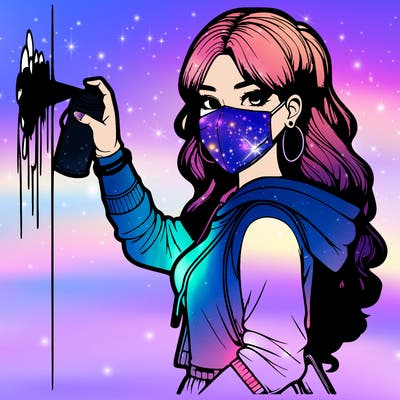 realistic girl with mask spray painting a wall