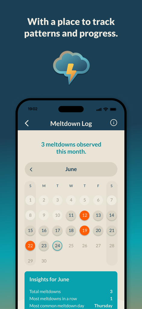 PDA Pro for Demand Avoidance - Un écran mobile montrant un calendrier de journal des crises pour suivre les schémas comportementaux et les progrès dans l'application PDA Pro.