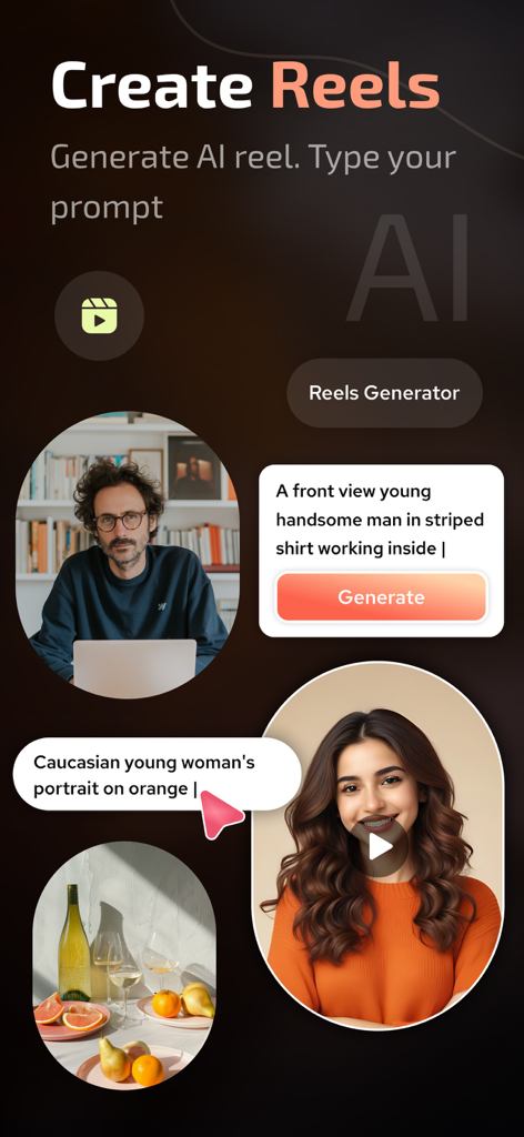 AI Reels Generator - ReelStory - Interface of ReelStory app showing text prompts and AI generated video content examples