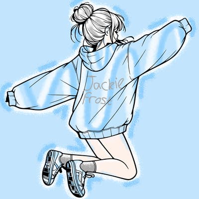 realistic girl jumping with a bun and oversized sweatshirt