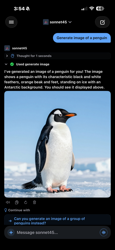 Open UI - Open WebUI Client - Interface de chat do aplicativo Open UI mostrando uma imagem gerada de um pinguim e um bloco de raciocínio colapsável.