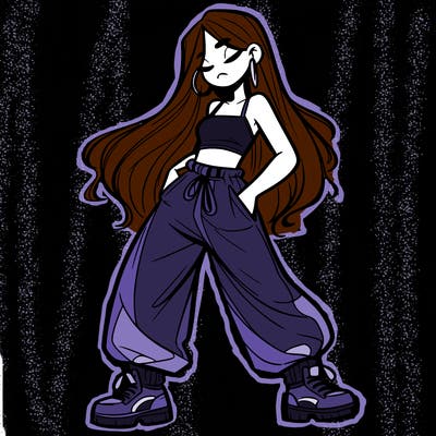 girl in baggy pants crop top and long hair