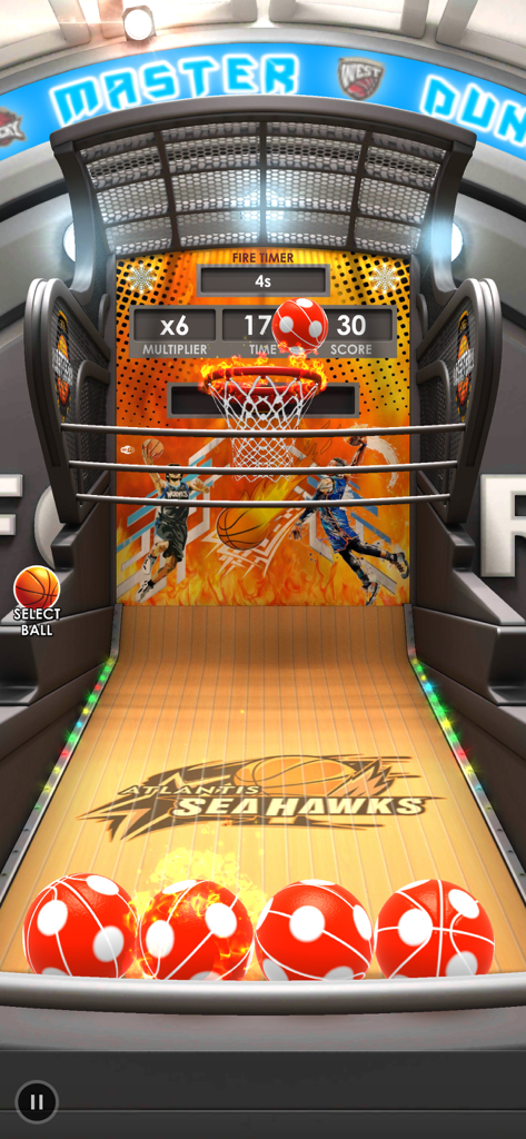 Basketball Flick 3D - Arcade basketball game screen with a flaming hoop and score multiplier