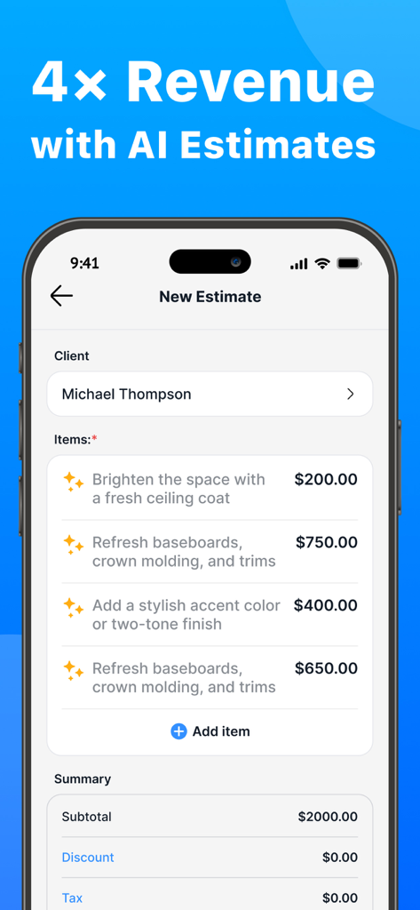 Workly for Pros - Workly for Pros mobile app screen displaying an AI powered business estimate.
