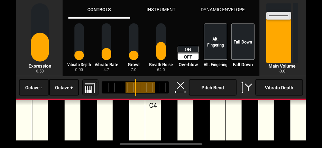 SWAM Baritone Sax - Interfaz de la aplicación SWAM Baritone Sax mostrando controles deslizantes de interpretación como vibrato y gruñido sobre un teclado virtual