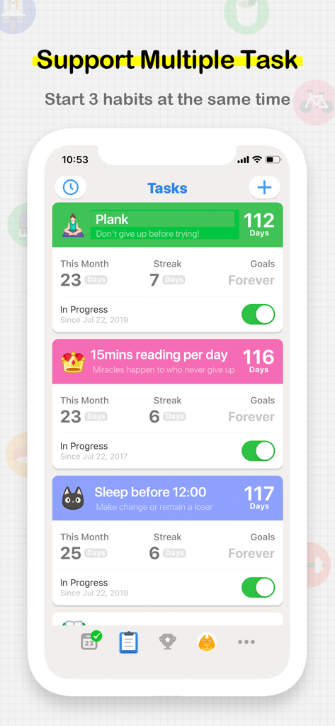 iBetter app dashboard showing multiple tracked habits including planking, reading, and sleep schedules with daily streaks.